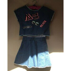 A02 Denim Womens Small Toby Meow Black Mesh Denim Skirt Set/Dress Raw Trim Blue